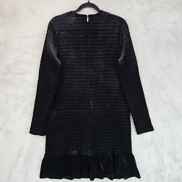 Michael Kors Smocked Stretch Velvet Mini Dress Womens Size XL Black Ruffle Hem - Picture 4 of 8